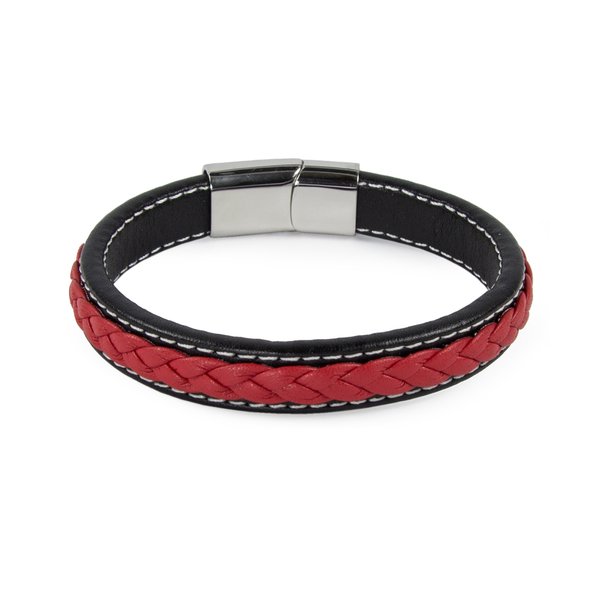 Herren Armband Elegant Edelstahl Echt-Leder Geflochten Schwarz-Rot mit Magnetverschluss