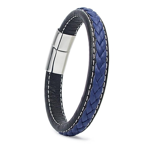 Herren Armband Elegant Edelstahl Echt-Leder Geflochten Schwarz-Blau mit Magnetverschluss