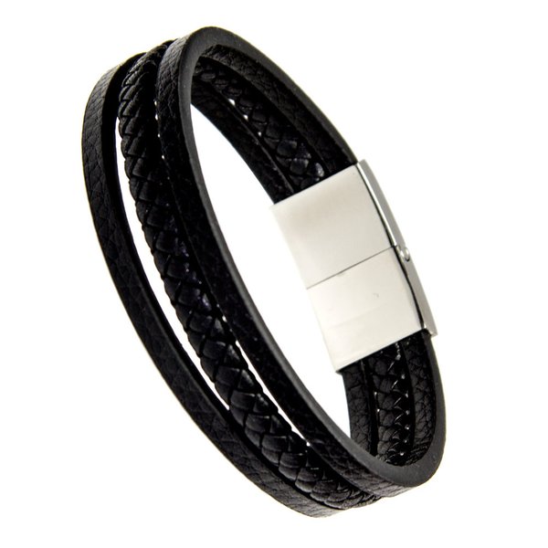 Herren Armband Elegant Edelstahl Echt-Leder schwarz mit Magnetverschluss