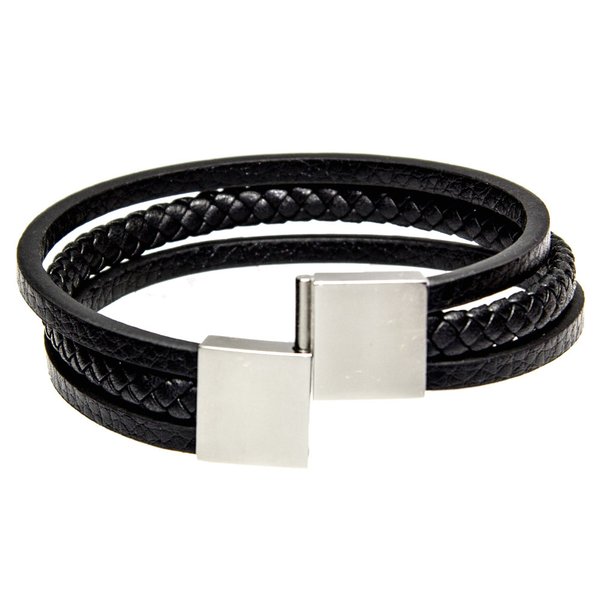 Herren Armband Elegant Edelstahl Echt-Leder schwarz mit Magnetverschluss
