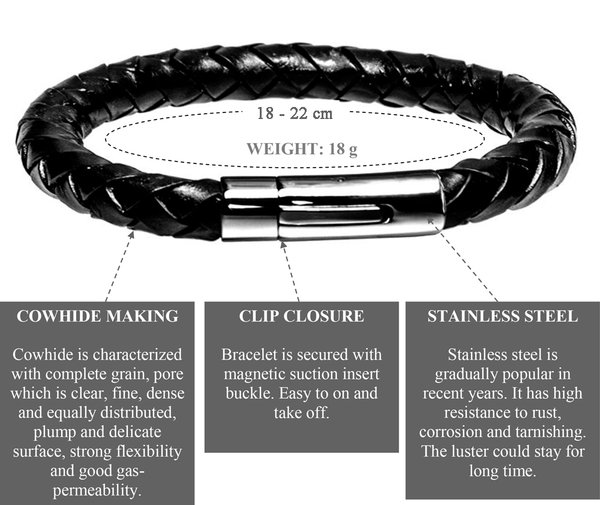 Herren Armband Elegant Edelstahl Echt-Leder rund-geflochten schwarz mit Steckschließe.
