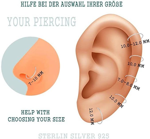 Piercing Ring 925 Sterling Silber dünn Hoop Ohrpiercing Lippenring und Nasenpiercing (Ball Closure)