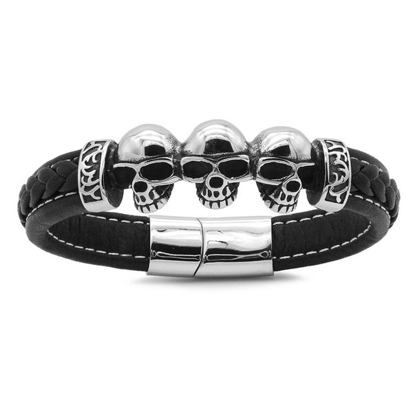 High-Quality Black Leather Bracelet with Skull Design