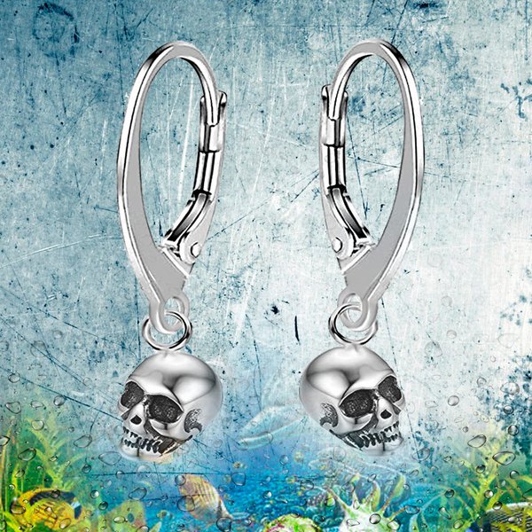 Brisur Ohrringe Ohrhänger Sterling Silber 925 mit einem Totenkopf für Damen und Girls L= 25.0 mm