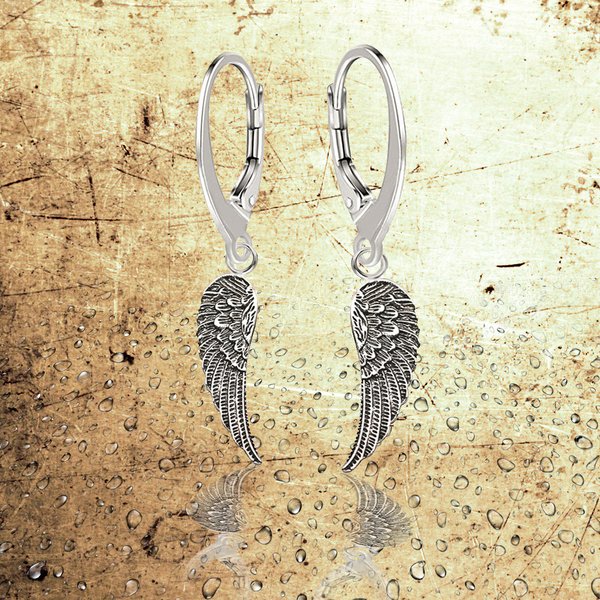 Brisur Ohrringe Ohrhänger mit einem Engelsflügel aus Sterling Silber 925 für Damen und Girls L= 32.0