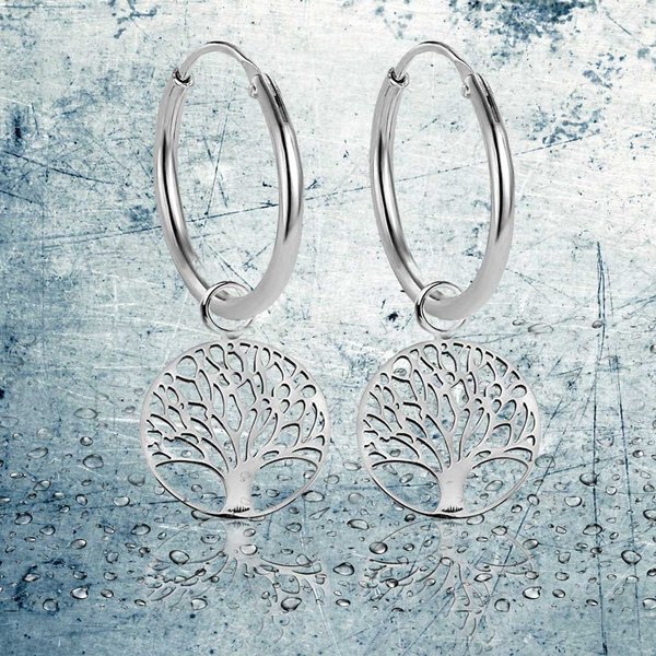 Creolen Ohrringe aus Sterling Silber 925 mit Anhänger Lebensbaum Glücksbringer für Damen und Girls