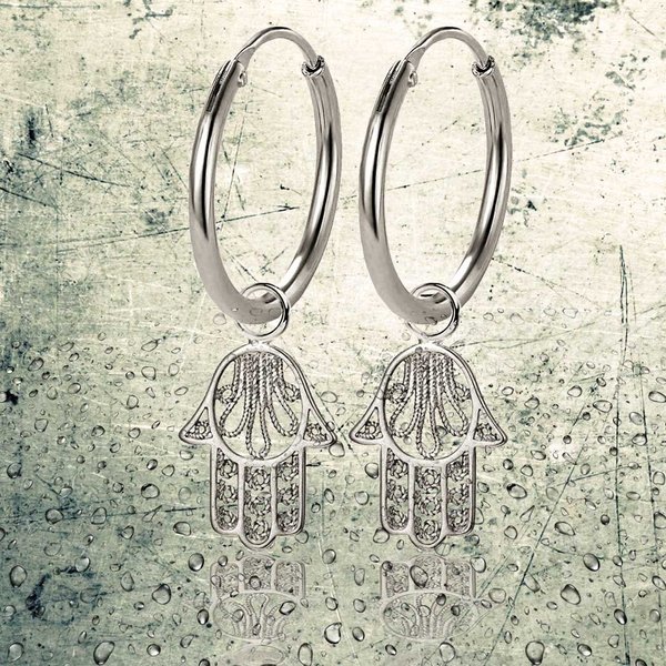 Creolen Ohrringe aus Sterling Silber 925 mit Amulett Hand der Fatima als Glücksbringer