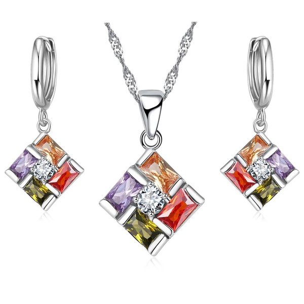 Sterling Silver Jewelry Gift Set with Crystal Mosaic Necklace and Earrings