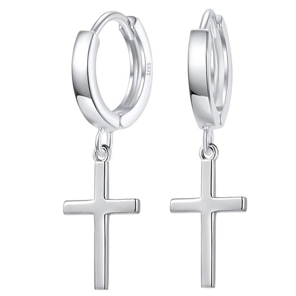Kleine Creolen Ohrringe aus Sterling Silber 925 mit Kreuz Anhänger für Damen und Girls