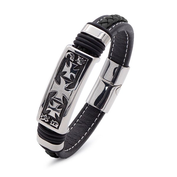 Sophisticated Men's Leather and Stainless Steel Bracelet - The Perfect Finishing Touch for Your Styl