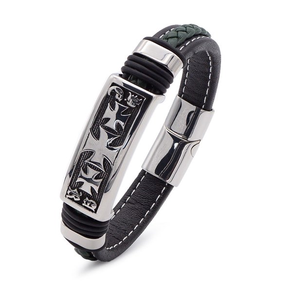 Olive Green Leather and Stainless Steel Men's Bracelet - A Stylish Statement Piece