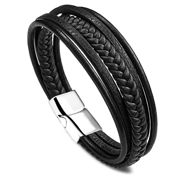 Mehrreihiges Armband aus echtem Leder in Schwarz